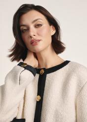 Cream short women's jacket with wool FUTDW-0037-12(Z25) - close-up of the product from the front on a model on a white background. Half of the silhouette visible.