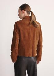 Brown suede women's jacket KURDS-0562-0775(Z25) - product view from the back on a white background. Half of the silhouette visible.