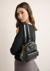 Black leather croco women's backpack TORES-1323-9G(Z26), product view on a model's silhouette, on a light background.