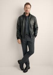 Men's black leather bomber jacket KURMS-0418-99(Z26), front product view on model. Full body visible.