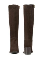 Brown suede high heel boots BUTYD-1100-89(Z25), front and back product view on white background.