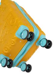 Small orange suitcase on wheels WALAB-0087-3B-18(W26), view of the product wheels on a white background.