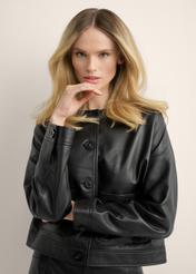 Short black women's leather jacket KURDS-0629-99(Z26), close-up of the product on the model's silhouette.