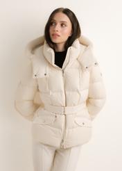 Light beige women's winter jacket KURDT-0705-1A(Z26); front view of the product on a model. Half-body shot.