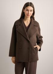 Women's long brown wool coat PLADT-0070-1K(Z26) - front view of the product, on a model, against a light background. Half of the silhouette visible.