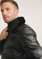 Black men's leather jacket with lining KURMS-0377-1127(Z25), close-up of product detail, view on model.