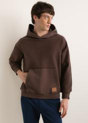 Dark brown men's cotton sweatshirt with hood BLZMT-0086-1I(Z26), front view of the product on the model. Half of the silhouette visible.