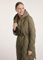 Olive quilted women's jacket KURDT-0579-57(Z25), front view of the product on the model, half of the silhouette visible.