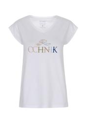 Biały T-shirt z dekoltem V damski TSHDT-0083-11(W22)-03