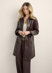 Women's brown leather coat KURDS-0649-1H(Z26), front view of the product on the model. Half silhouette visible.