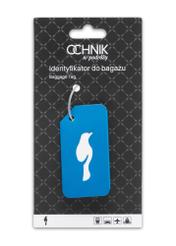 Blue luggage tag AW-012-0003-7B(W26), product view with packaging on white background.