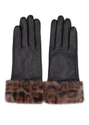 Women's black leather gloves with fur REKDS-0110-99(Z26), product view from above on white background.