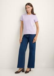 Light purple women's cotton T-shirt TSHDT-0144-6A(Z26), front view of the product on the model. Full body visible.