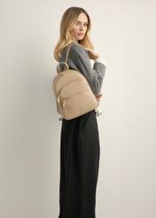 Beige leather women's backpack TORES-1345-1B(Z26), product view from the front on the model, half of the silhouette visible.