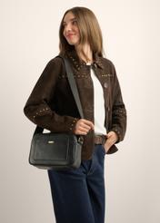 Black women's monogram handbag TOREC-1290-9P(Z26), product view on model's shoulder. Half of silhouette visible.