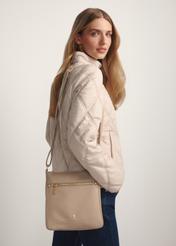 Beige women's imitation leather messenger bag TOREC-1177-1B(W26) - front view of the product, on a model, against a light background. Half of the silhouette visible.