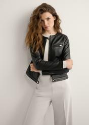 Black women's genuine leather jacket KURDS-0154-99(W26) - front product view, against a light background. Knee-length silhouette visible.