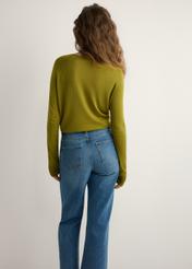 Thin olive women's sweater SWEDT-0257-8E(W26), back view of the product on the model. Half of the silhouette visible.