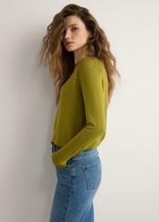 Thin olive women's sweater SWEDT-0257-8E(W26), side view of the product on the model. Half of the silhouette visible.