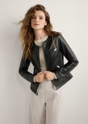 Black women's genuine leather jacket KURDS-0154-99(W26) - front product view, against a light background. Knee-length silhouette visible.