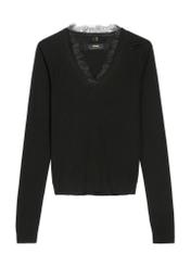 Thin black women's sweater with lace accent SWEDT-0262-99(Z26), product view from the front on the model. Full body visible.