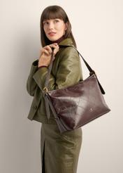 Burgundy women's shoulder bag with stitching TOREC-1248-4D(Z26), product view on model's shoulder. Half of silhouette visible.