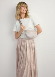 Cream women's waist bag TOREC-1191-0B(W26), front view of the product on the model. Half of the silhouette visible.
