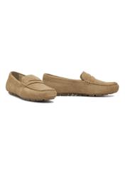 Women's leather moccasins in cool beige color BUTYD-1262-1K(W26), diagonal product view on a white background.