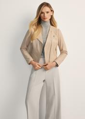 Beige women's leather biker jacket KURDS-0273-1365(KS), front view of the product on the model, half of the silhouette visible.
