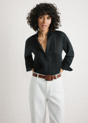 Women's black linen shirt KOSDT-0163A-99(W26) - front view of the product, on a model, against a light background. Knee-length silhouette visible.