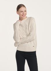 Light beige women's sweater with decorative weave SWEDT-0210-80(Z25), front view of the product on the model. Half of the silhouette visible.