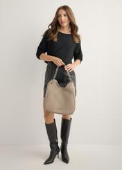 Women's cool beige shopper bag TOREC-1283-1K(Z26), front view of the product on the model. Full body visible.
