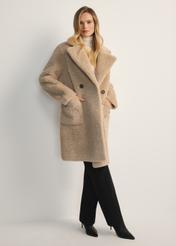 Women's fur coat with double-breasted fastening FUTDP-0018-81(Z25), product view from the front on the model, the entire silhouette is visible.