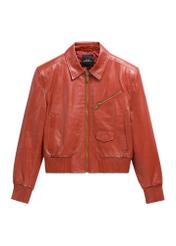 Women's leather jacket in red color KURDS-0624-3D(Z26), front product view on white background.