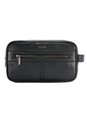 Black leather men's cosmetic bag TORMS-0490-99(W26), front product view on white background.