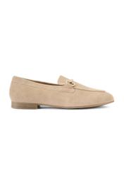 Dark beige suede women's moccasins BUTYD-1257-1K(W26), side product view on white background.