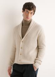 Light beige men's cardigan KARMT-0006-1A(Z26), front view on a model. Half of the figure is visible.