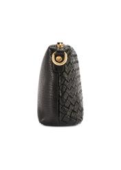Black leather handbag with decorative weave TORES-1243-9P(W26), product view from the side on a white background.