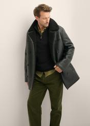 Men's black sheepskin coat KOZMP-0012-99(Z26), front view of the product on the model. Half of the silhouette visible.