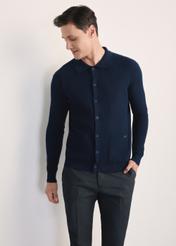 Navy blue men's cardigan KARMT-0004-68(Z25), front product view on the model. Half of the silhouette visible.