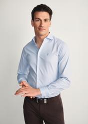 Blue men's striped shirt KOSMT-0353-62(Z25), front view of the product on the model. Half of the silhouette visible.