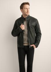 Black men's leather jacket KURMS-0420-99(Z26), front product view on model. Half silhouette visible.