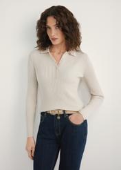 Beige women's wool sweater SWEDT-0259-1B(W26) - front product view, on a model, against a light background. Knee-length silhouette visible.