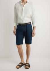 Men's navy linen shorts SZOMT-0034-7E(W26), front product view on model. Half silhouette visible.