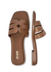 Women's leather camel flip-flops BUTYD-1224-1D(W26), product view from above on a white background.