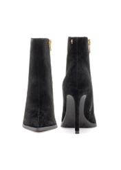 Black suede high heel ankle boots BUTYD-1207-99(Z25), front and back product view on white background.