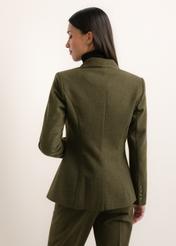 Green women's jacket with wool ZAKDT-0057-8B(Z26), back view of the product on the model. Half of the silhouette visible.
