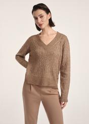 Women's sweater in brown color SWEDT-0237-84(Z25), front view of the product on the model. Half of the silhouette visible.