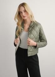 Women's transitional khaki jacket KURDT-0564A-55(W26), front view of the product on the model. Half of the silhouette visible.
