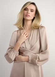 Long beige midi dress SUKDT-0263-1B(W26) - front view of the product, on a model, against a light background. Half of the silhouette visible.